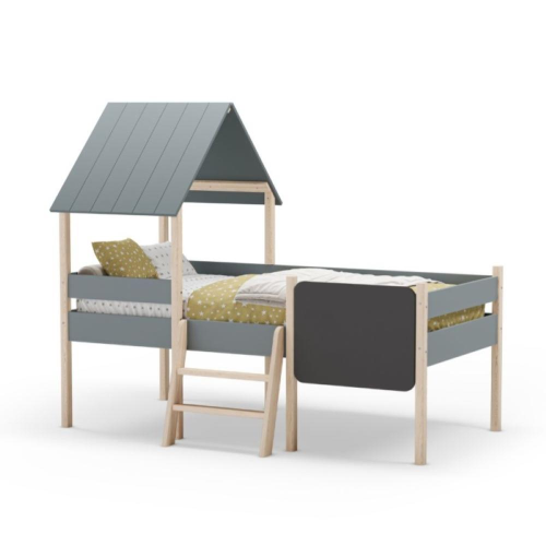 Letto a castello singolo Mint in legno massiccio con lavagnetta verde cachi e pino