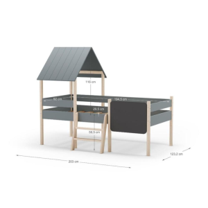 Letto a castello singolo Mint in legno massiccio con lavagnetta verde cachi e pino