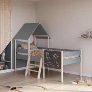 Letto a castello singolo Mint in legno massiccio con lavagnetta verde cachi e pino