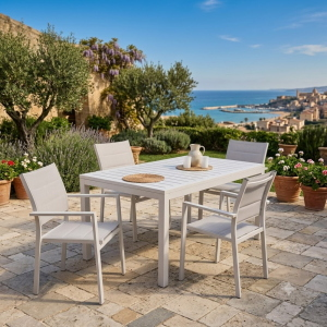 Set Ever Tavolo 160-240 cm + 4 Poltrone Bianco