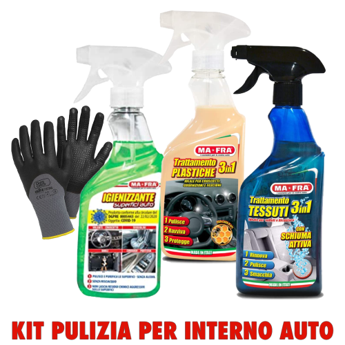 136775 - Kit Mafra pulizia interno auto, Igenizzante, trattamento plastiche  3 in 1, trattamento tessuti 3 in 1 - MaFra