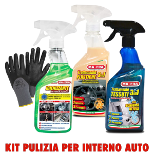 Kit Mafra pulizia interno auto, Igenizzante, trattamento plastiche 3 in 1, trattamento tessuti 3 in 1