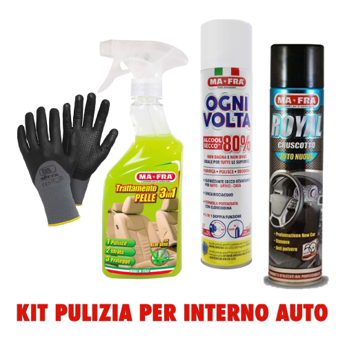 Kit Mafra pulizia interno auto, igenizzante, trattamento pelle 3 in 1,  royal cruscotti