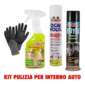 Kit Mafra pulizia interno auto, igenizzante, trattamento pelle 3 in 1, royal cruscotti